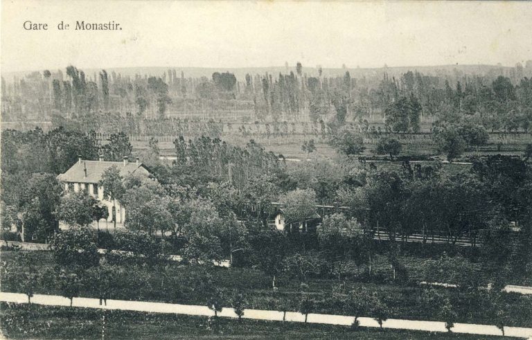 Железничката станица гледана од Тумбе Кафе на разгледница од 1910 година. Испратена во Франција, на 16 ноември 1910 година.